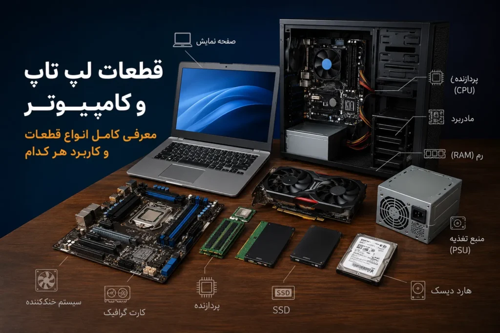 قطعات لپ تاپ و کامپیوتر شامل مادربرد، پردازنده، رم، SSD، HDD و کارت گرافیک