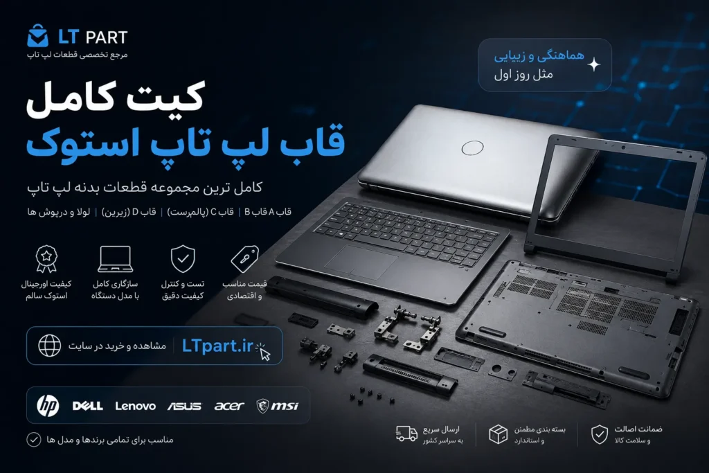 کیت کامل قاب لپ تاپ استوک شامل قاب پشت LCD، قاب دور نمایشگر، قاب روی کیبورد (Palmrest) و قاب زیر لپ تاپ برای برندهای HP، Dell، Lenovo، Asus، Acer، MSI، Apple و سایر برندها