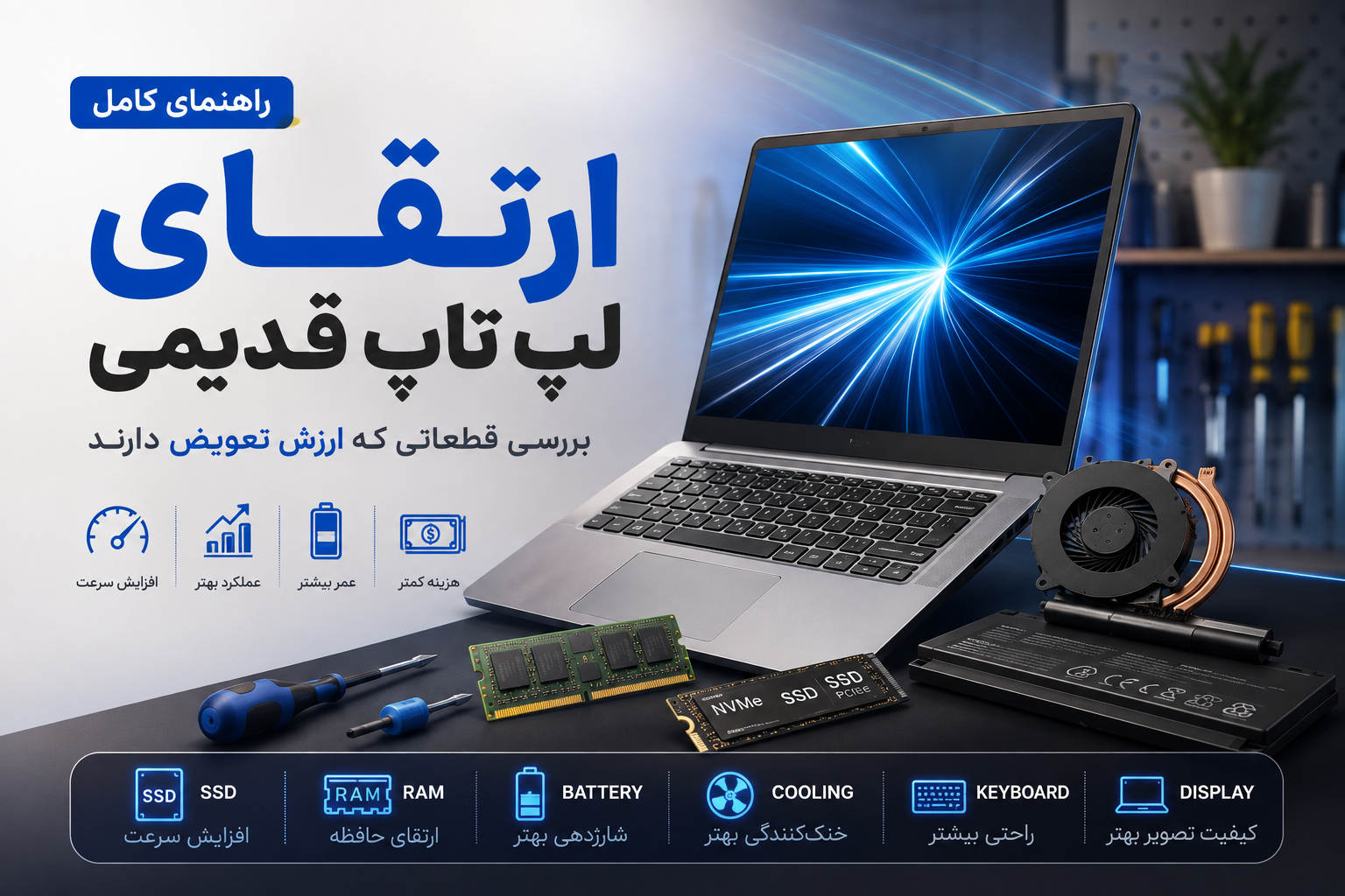تصویر راهنمای ارتقای لپ تاپ قدیمی با نمایش قطعات قابل تعویض مانند SSD، رم، باتری و فن برای افزایش سرعت و عملکرد دستگاه