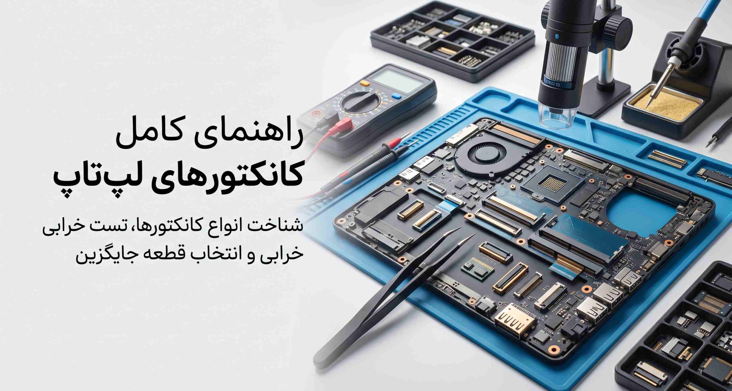 راهنمای کامل کانکتورهای لپ‌تاپ شامل انواع کانکتورهای داخلی، تست خرابی و انتخاب قطعه جایگزین